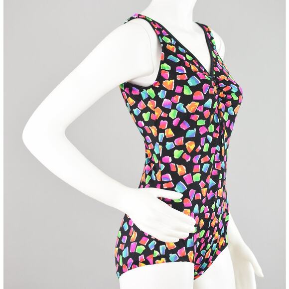 80s Maxine of Hollywood Black and Pink Retro Print Swimsuit - Picture 15 of 16
